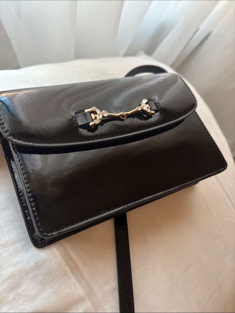 Sam Edelman Black Patent Crossbody with Gold Horsebit Accent
